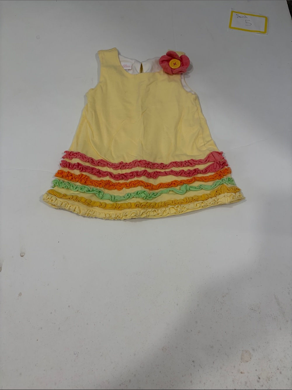 Bonnie Baby Yellow Sleeveless Dress with Pink Flower and Rainbow Ruffles